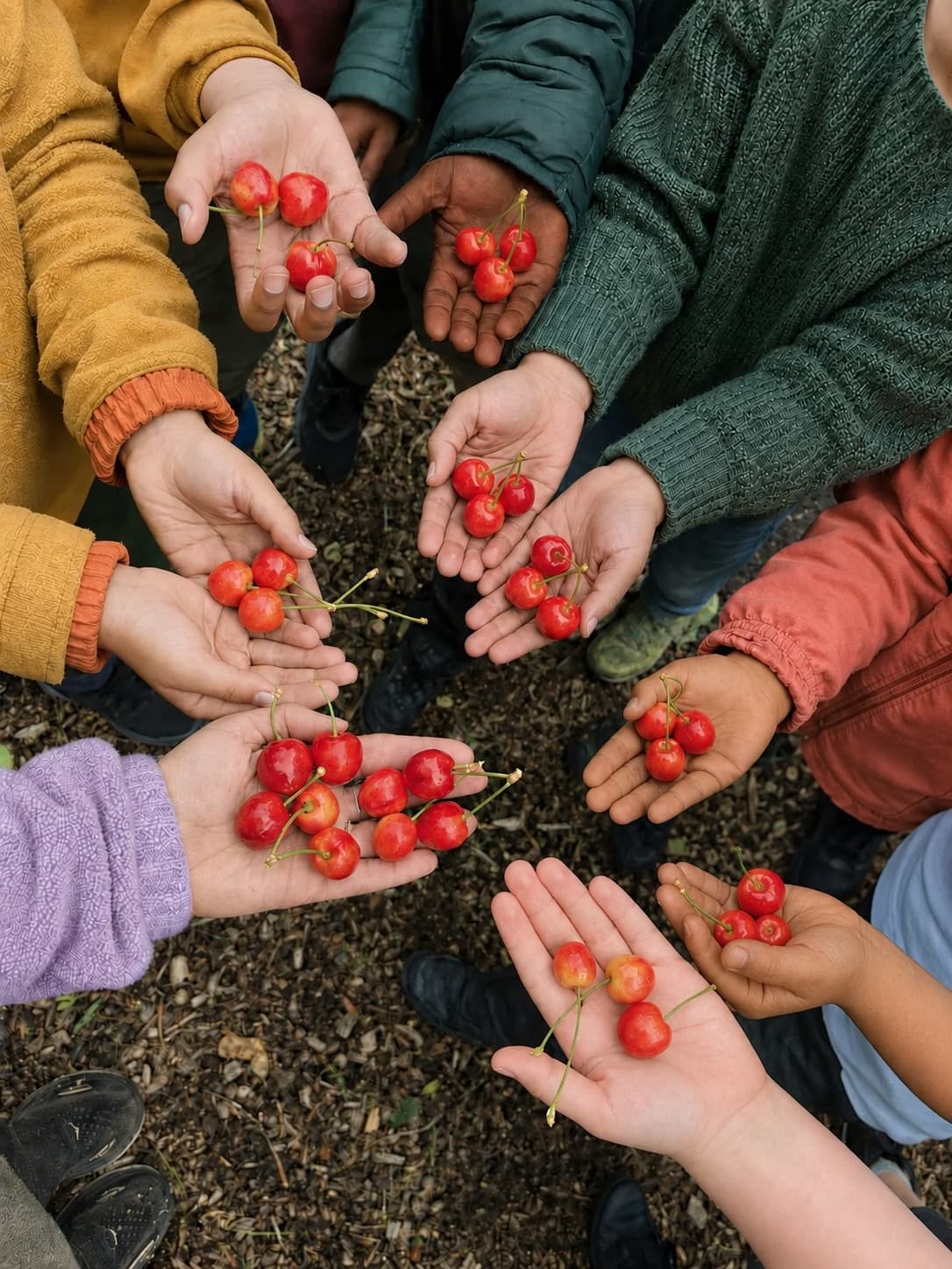 Children holding red cherries in their open hands outdoors