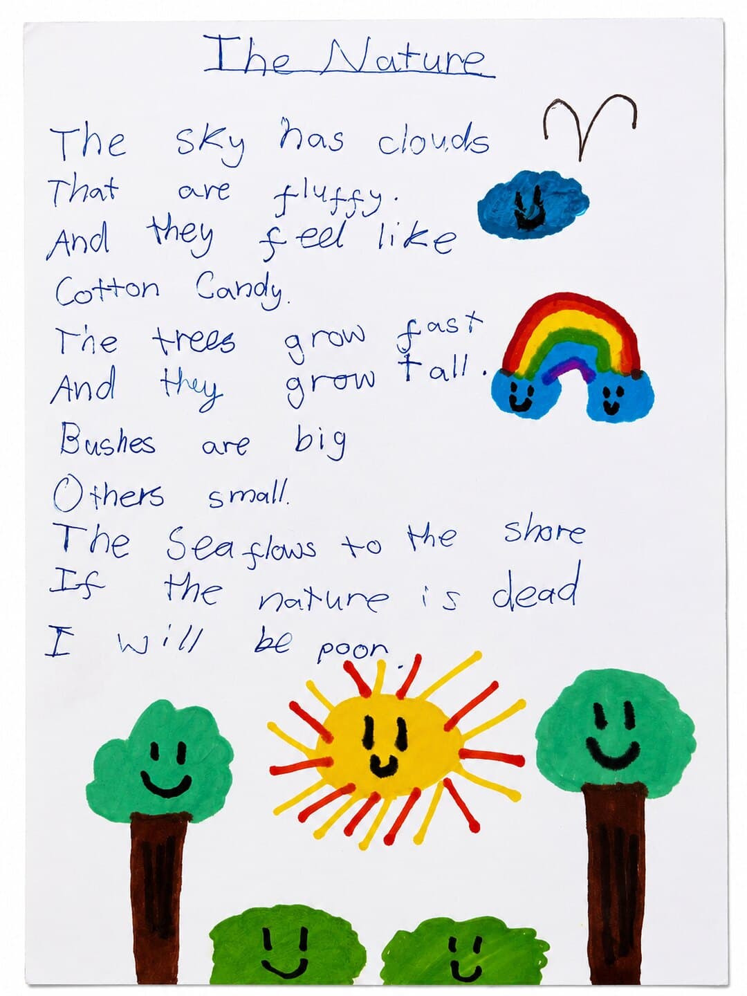 A child’s handwritten page about clouds, trees and the sea with painted trees, a sun and a rainbow