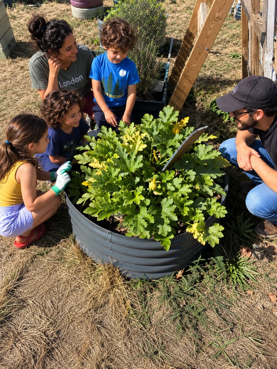 Adults and children exploring plants together in a raised garden bed