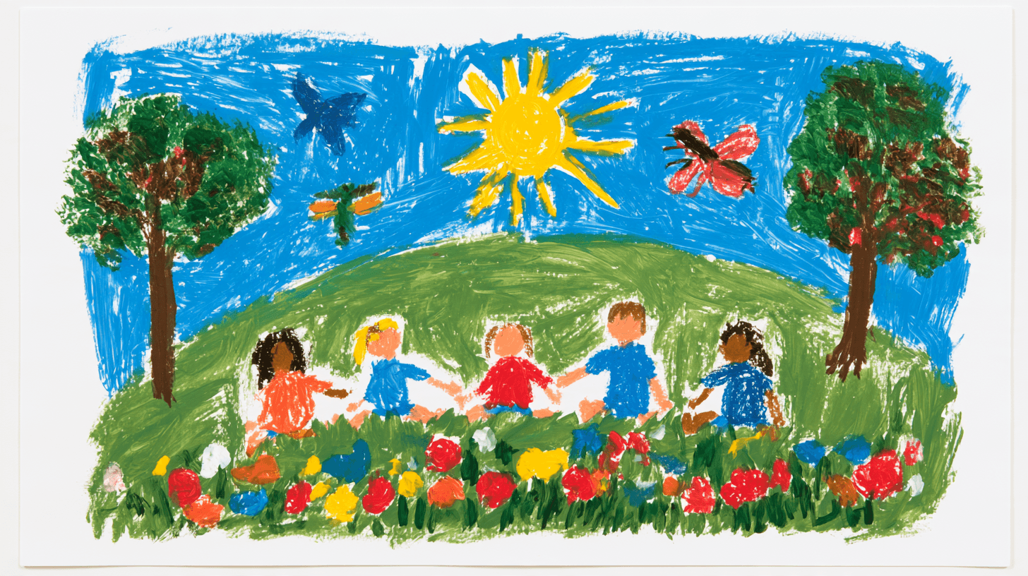 Crayon illustration of five children among flowers and trees beneath a bright sun