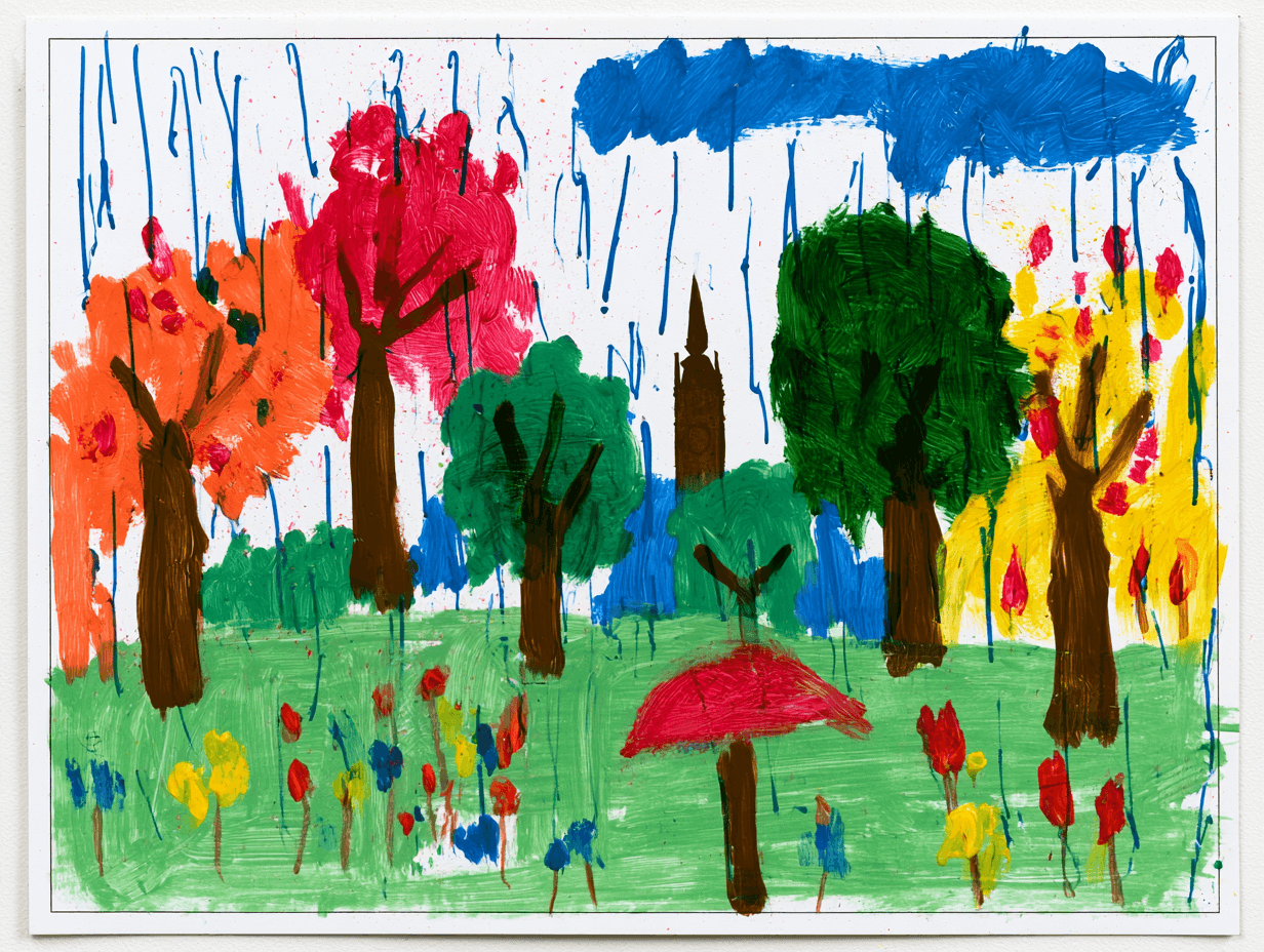A child-style painting of a rainy park with fall trees, an umbrella and a clock tower in the distance