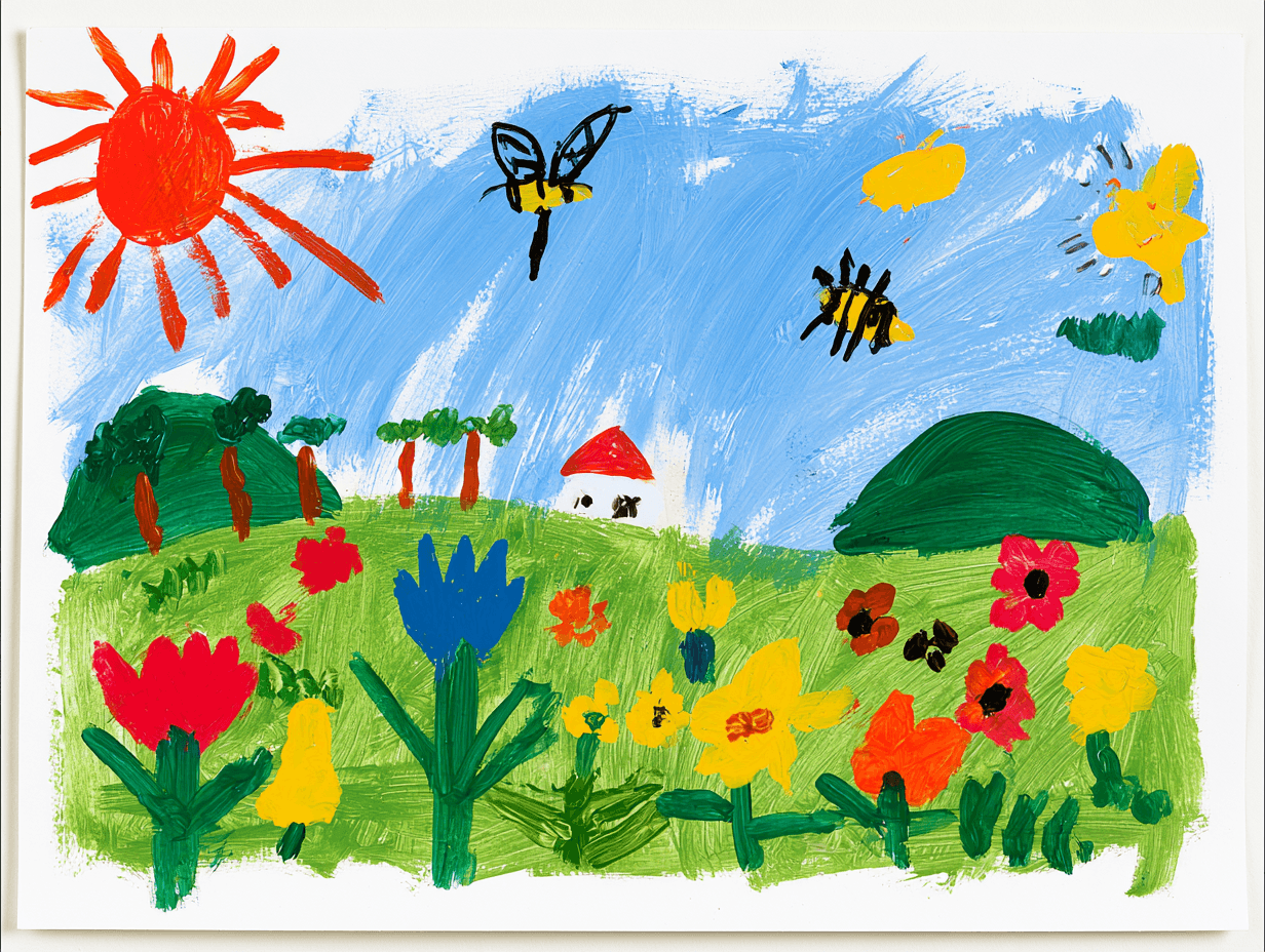A child-style painting of a sunny flower meadow with bees, a red sun, green hills and a small house