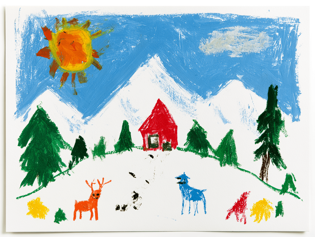 A child-style painting of a snowy mountain scene with evergreens, a red house, animal tracks and painted animals